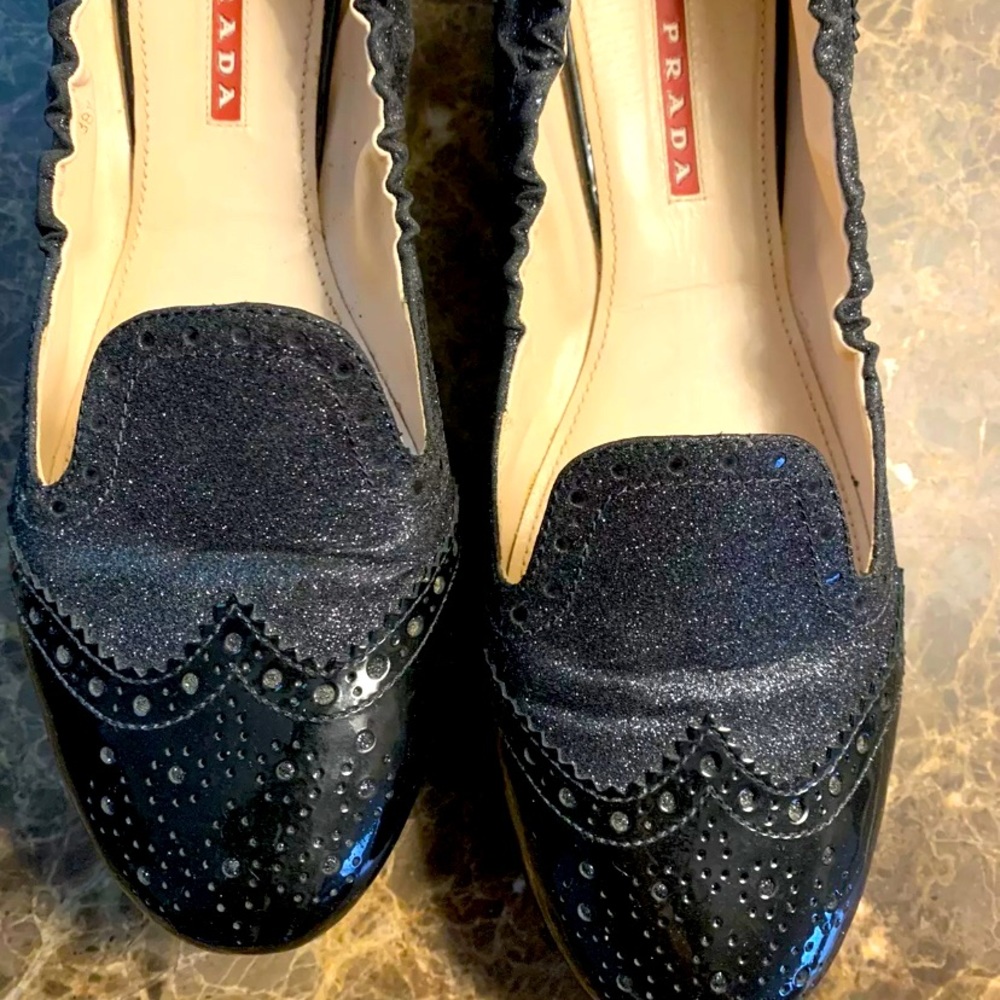 Prada Sparkly flats loafers spectator style 38.5 8.5